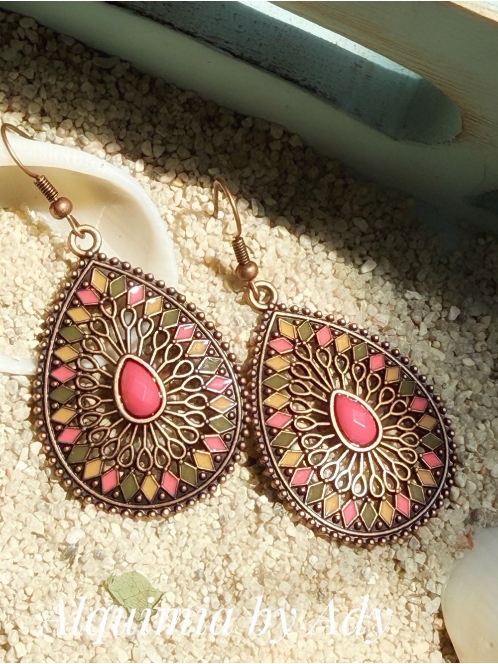 Gold-Tone Pink & Olive Teardrop Filigree Earrings